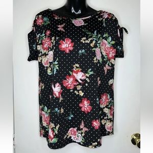 women’s shirts size L large Erin Blair floral polka dot short sleeve shirt NWT